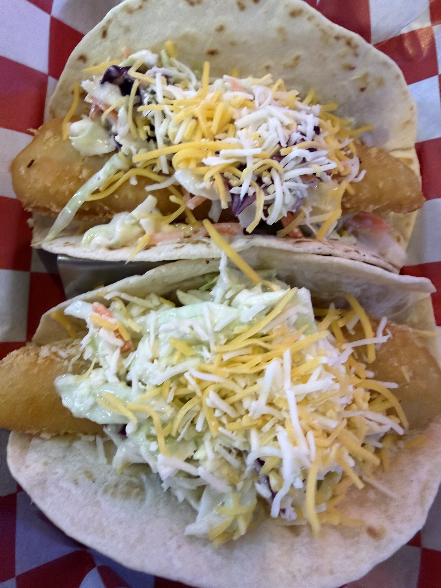 Fish tacos topped with slaw at Old Mill Tavern in Peshastin, WA