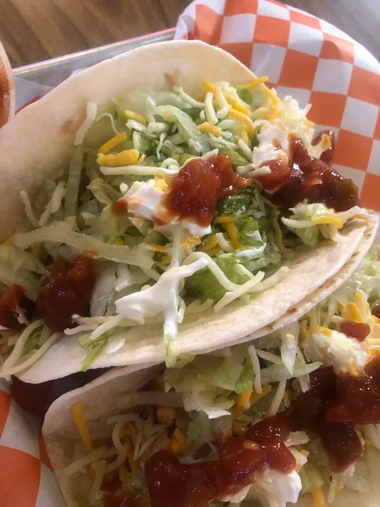 Close-up of a crispy cod fish taco with slaw and salsa at Old Mill Tavern in Peshastin, WA