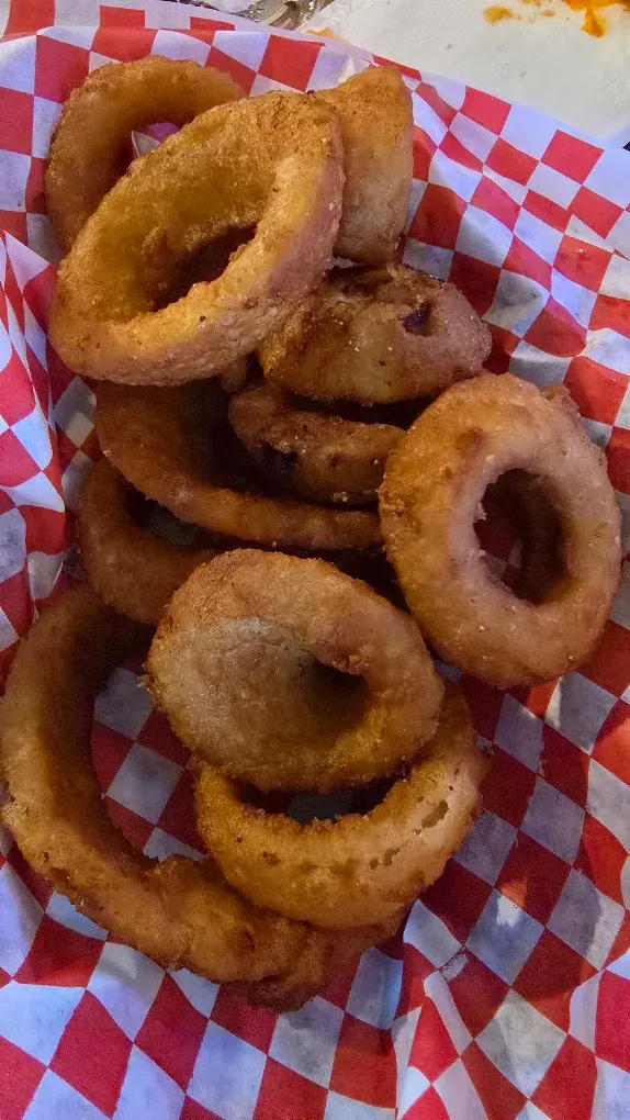 Basket of golden onion rings at Old Mill Tavern in Peshastin, WA