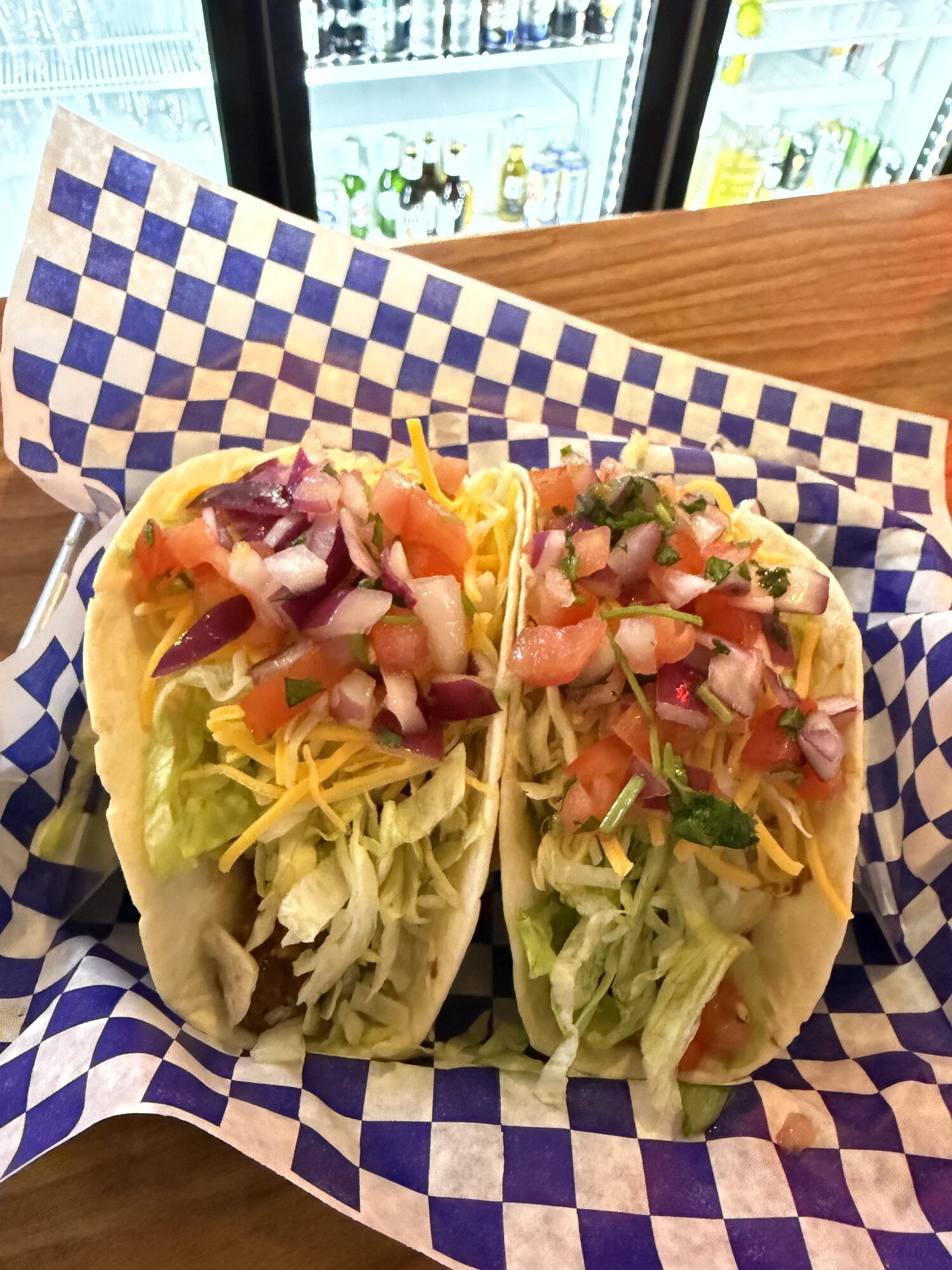 Overhead view of Taco Tuesday beef and chicken tacos at Old Mill Tavern in Peshastin, WA