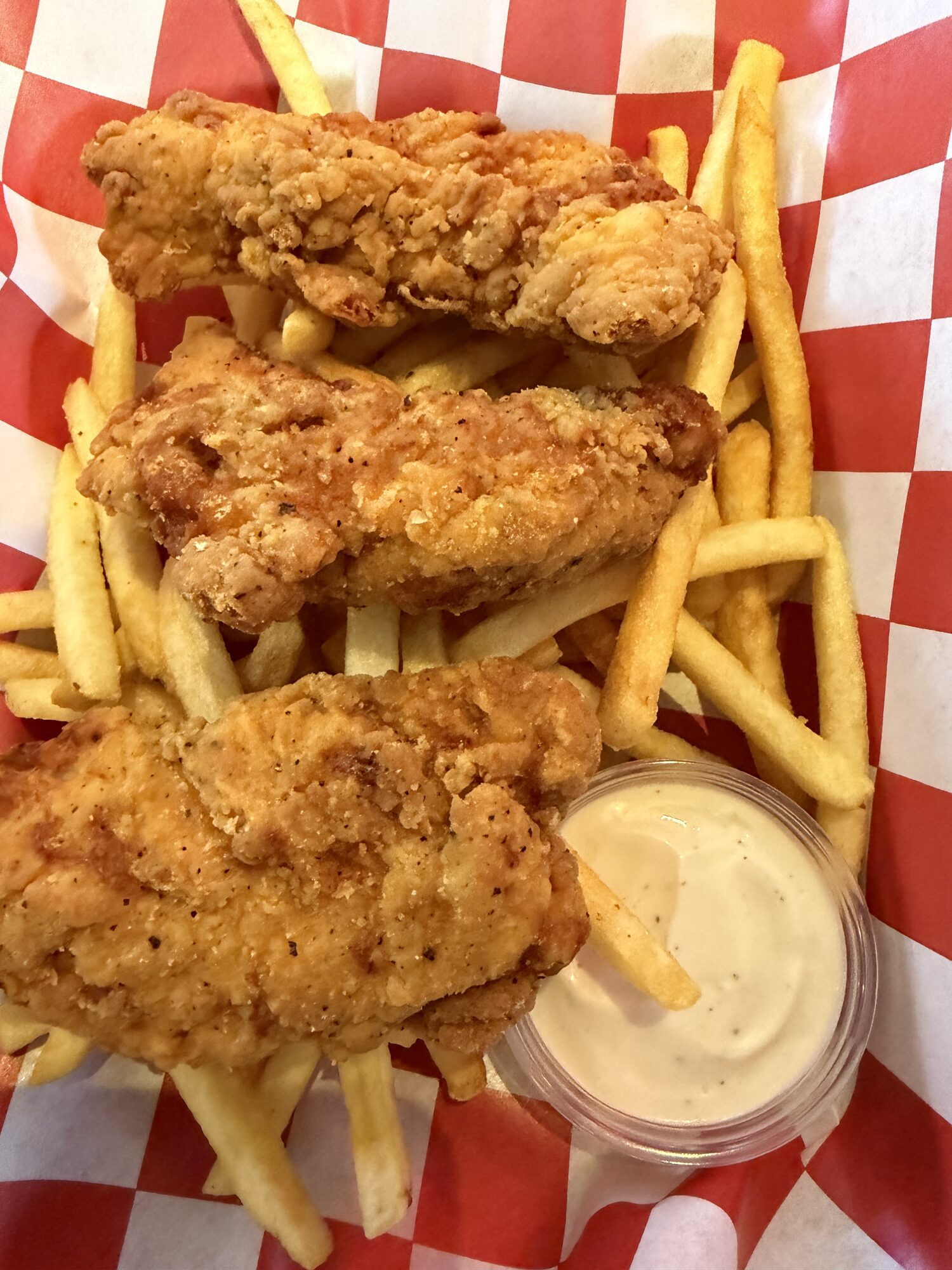 Crispy chicky strips with fries at Old Mill Tavern in Peshastin, WA