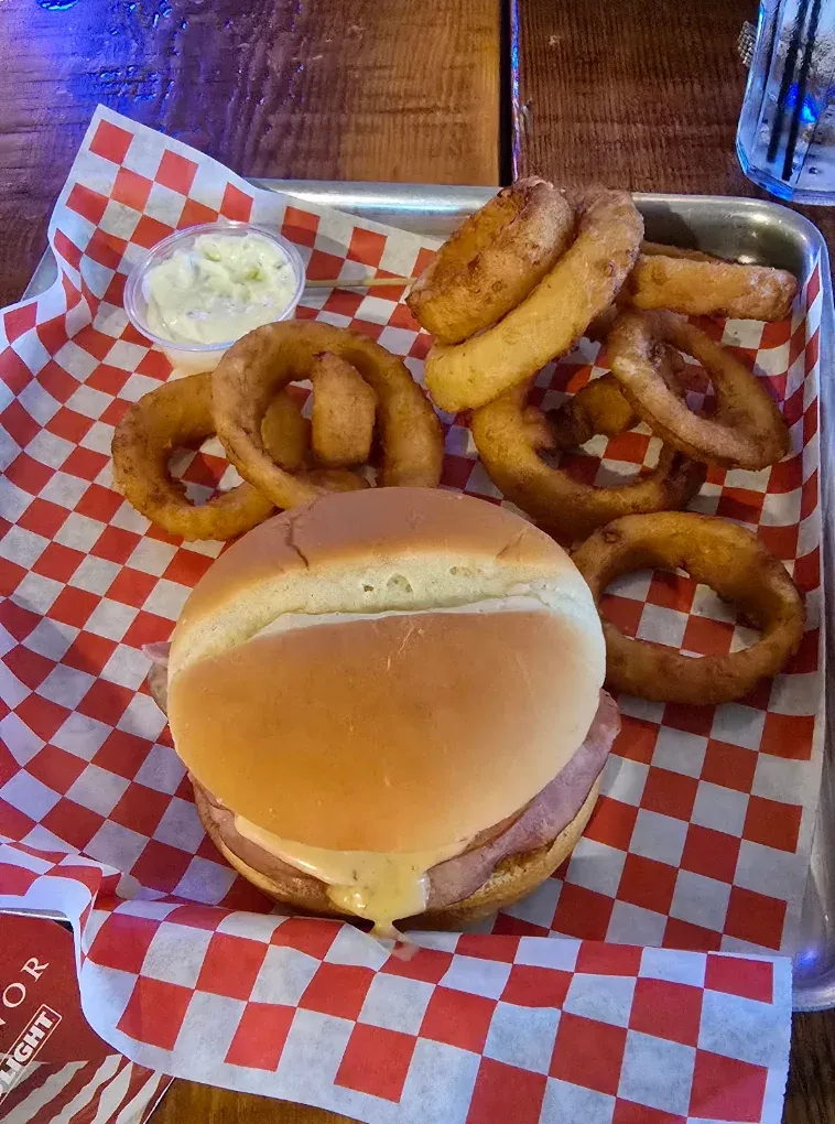 Bacon cheeseburger with onion rings at Old Mill Tavern in Peshastin, WA