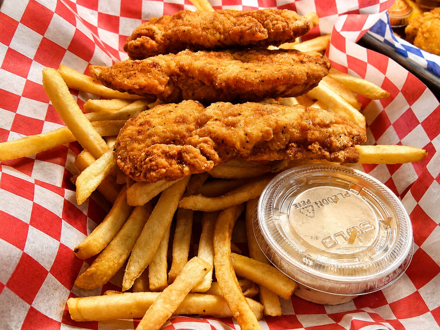 Basket of Chicky Strips with fries at Old Mill Tavern in Peshastin, WA