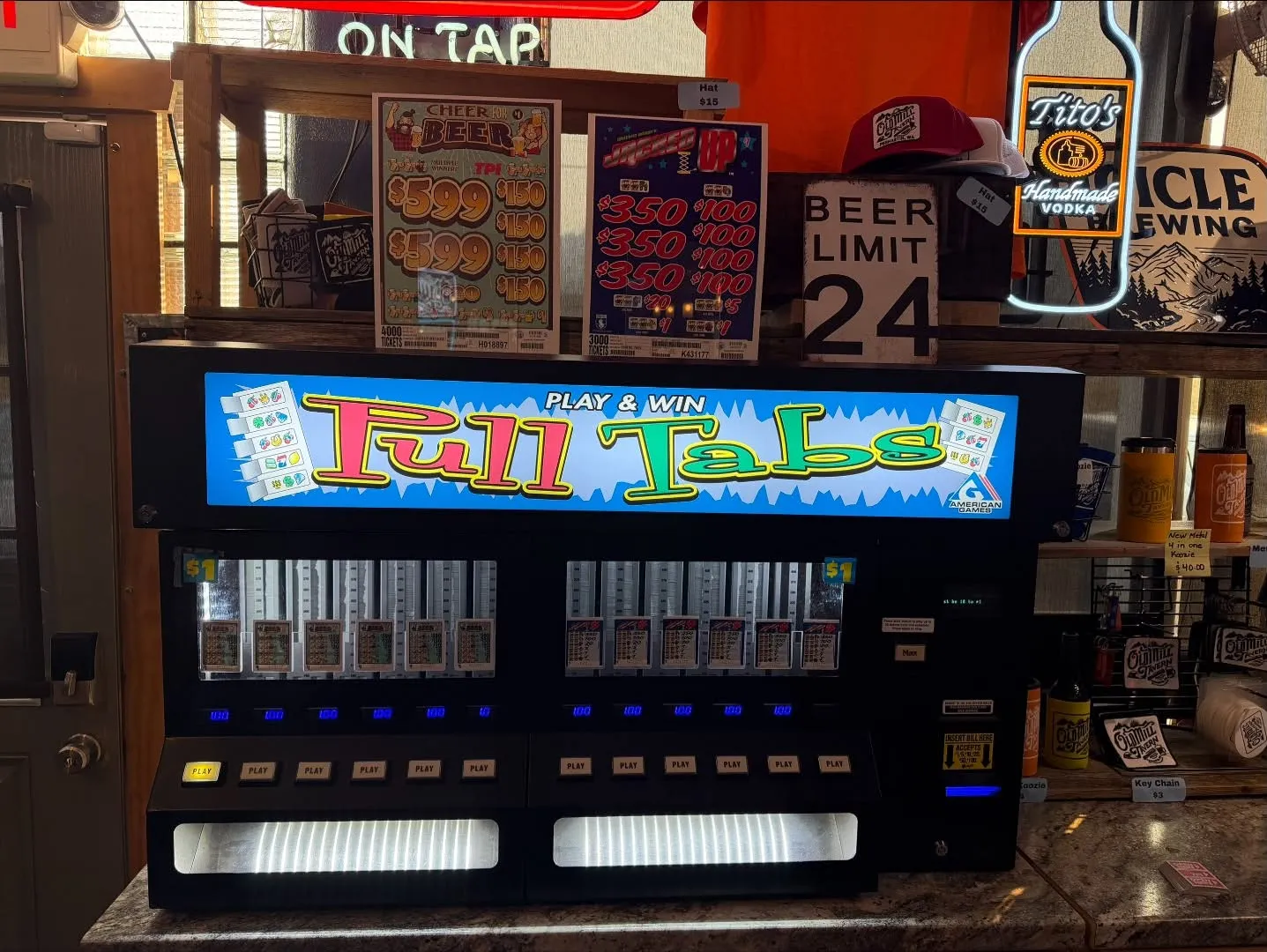 Pull tab machine beside the bar at Old Mill Tavern in Peshastin, WA