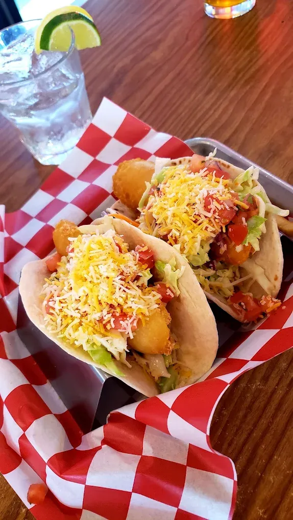 Fish tacos and a cold drink on the bar at Old Mill Tavern in Peshastin, WA