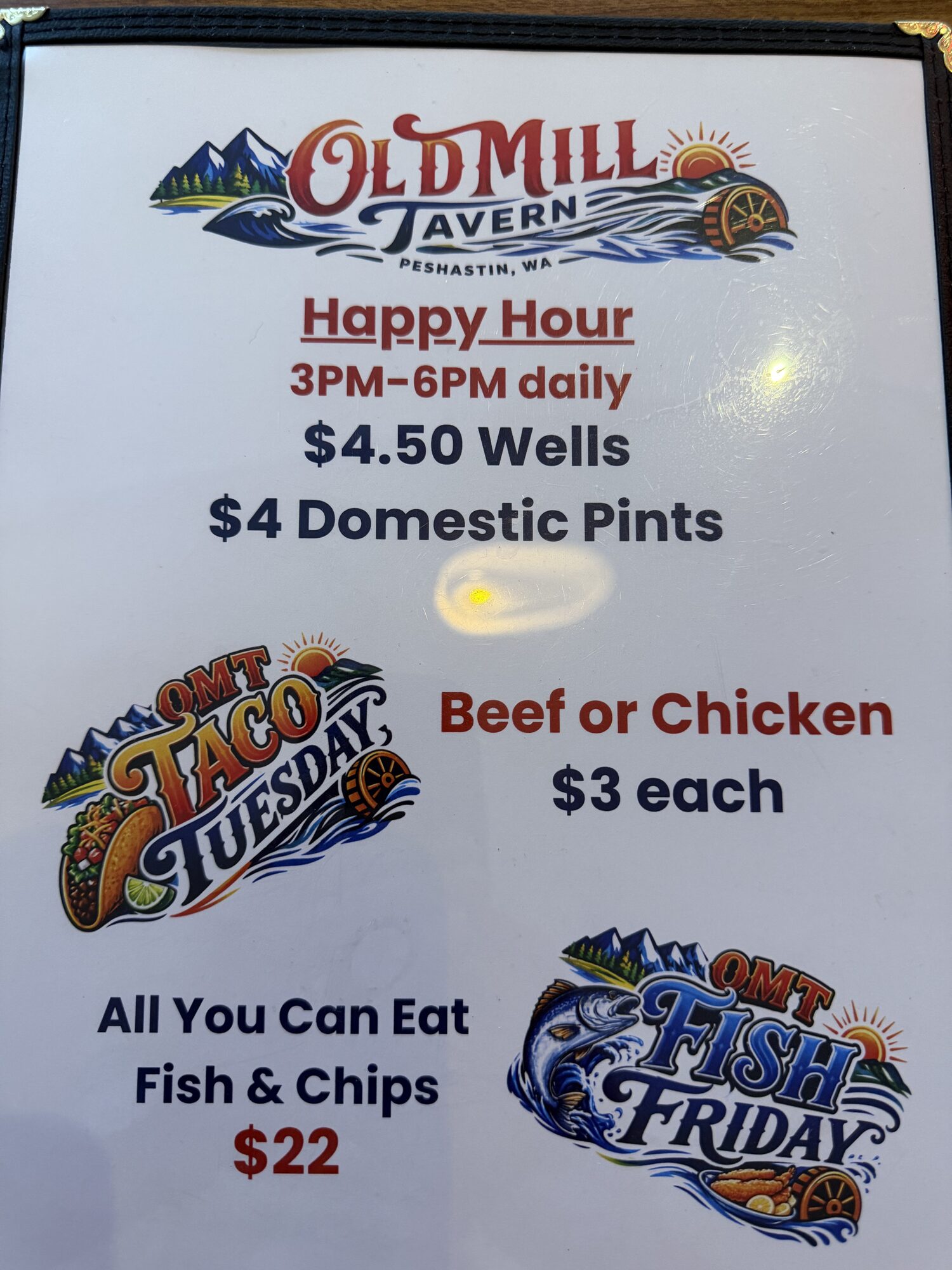 Plate of Taco Tuesday tacos with fresh toppings at Old Mill Tavern in Peshastin, WA
