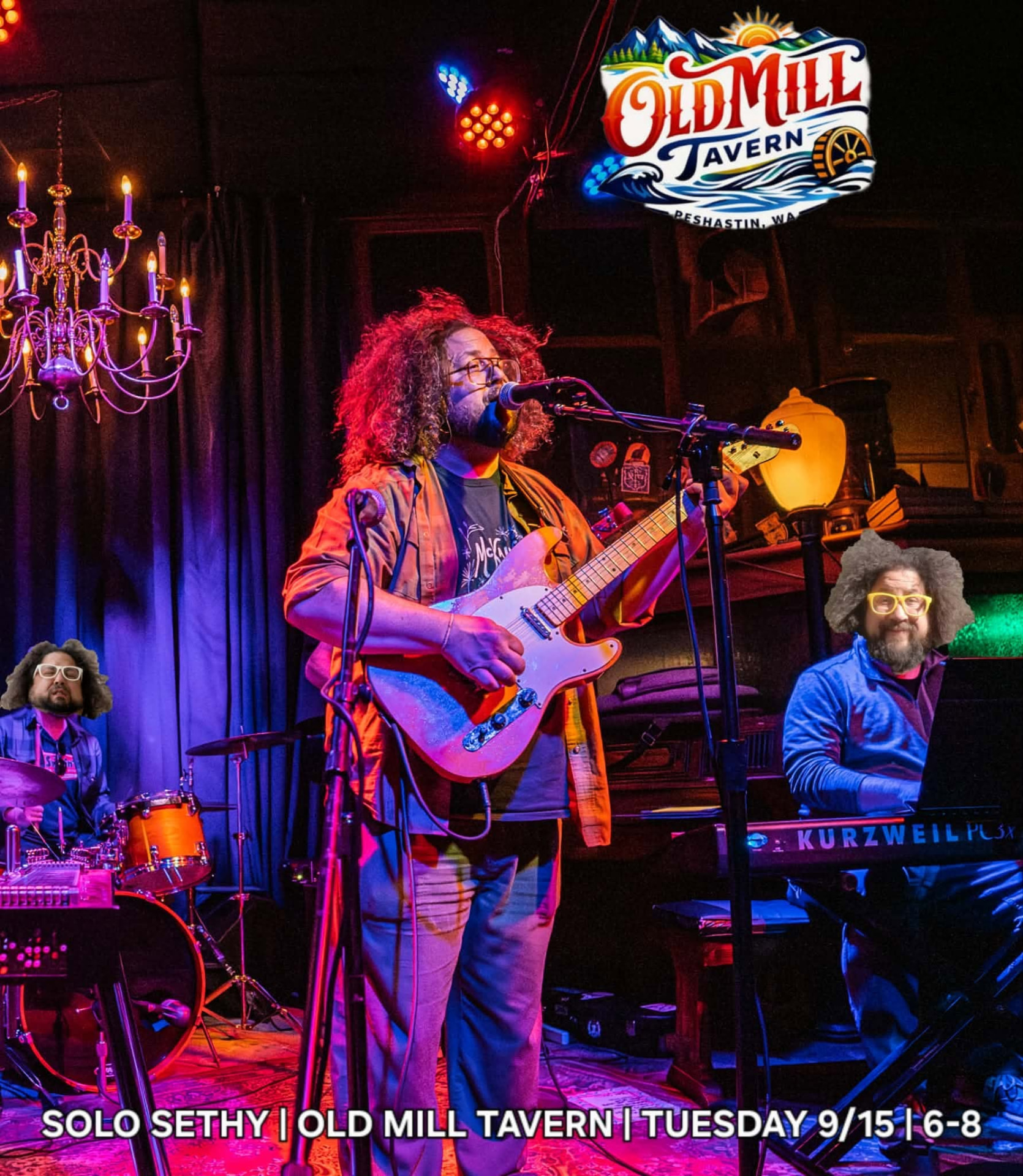 Solo Sethy band performing live on stage with guitar, drums and keys at Old Mill Tavern in Peshastin, WA