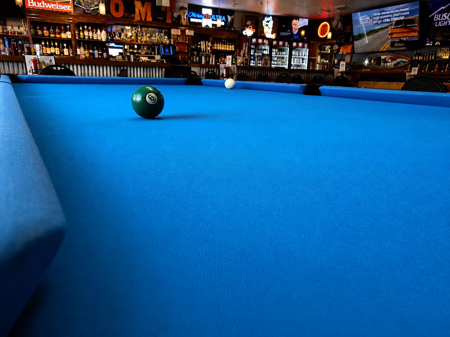 Close-up of racked billiard balls on the pool table at Old Mill Tavern in Peshastin, WA
