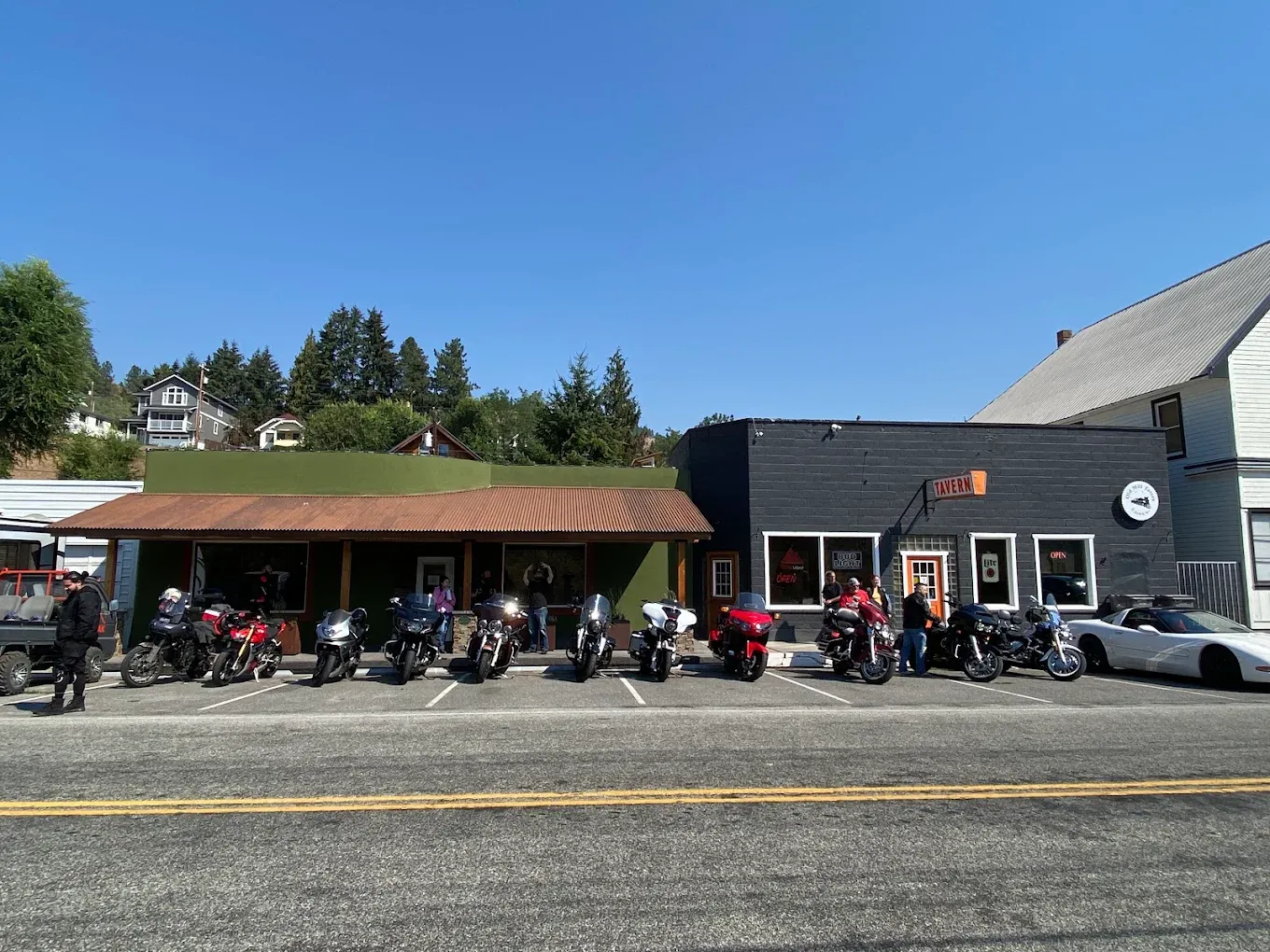 Motorcycles parked outside Old Mill Tavern on Main Street in Peshastin, WA