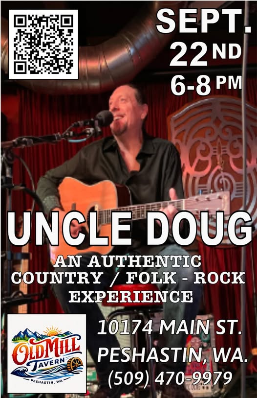 Uncle Doug live music poster, country folk rock with acoustic guitar at Old Mill Tavern in Peshastin, WA